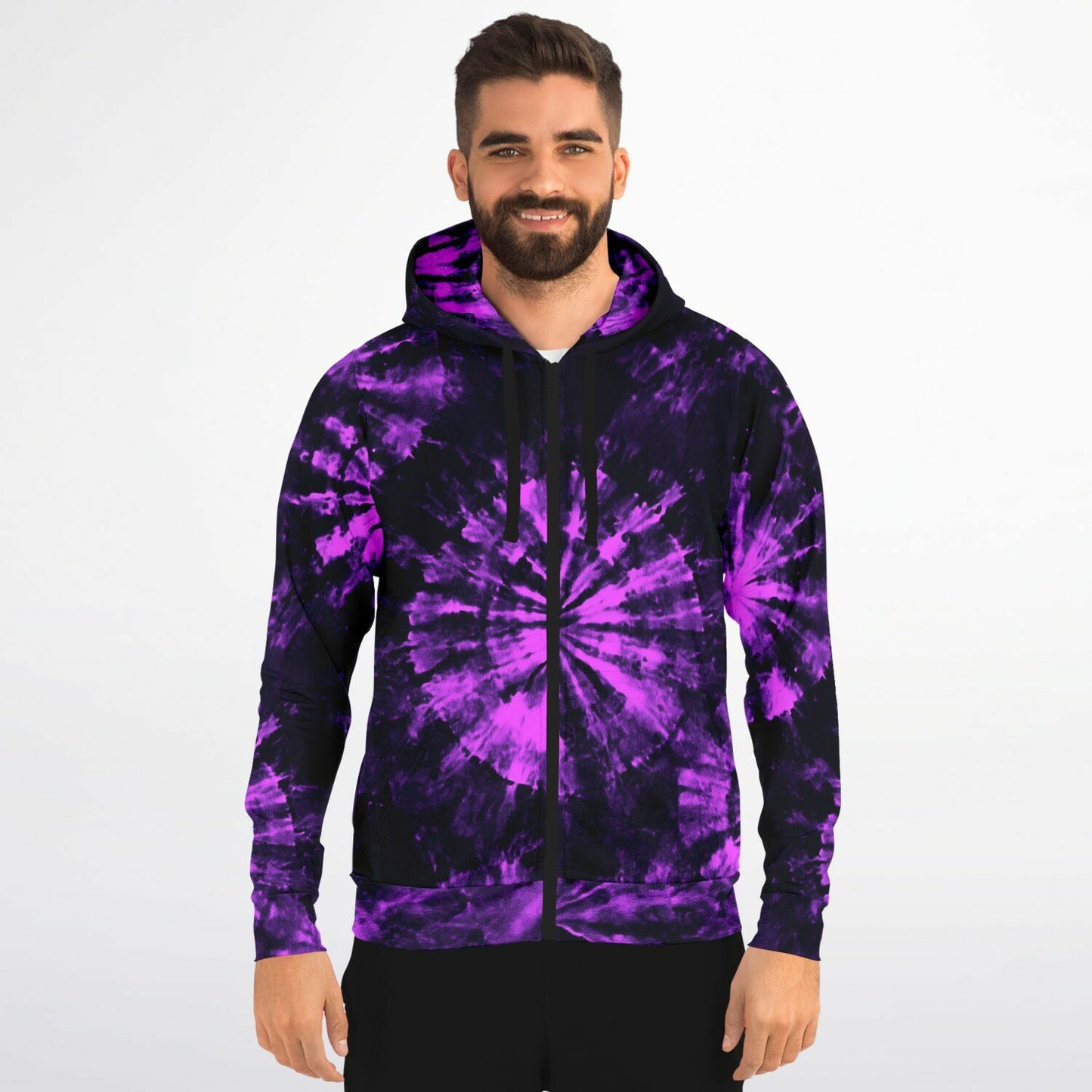 Black Purple Tie Dye Zip Up Hoodie, Full Zipper Pocket Men Women Unisex Adult Aesthetic Graphic Cotton Fleece Hooded Sweatshirt