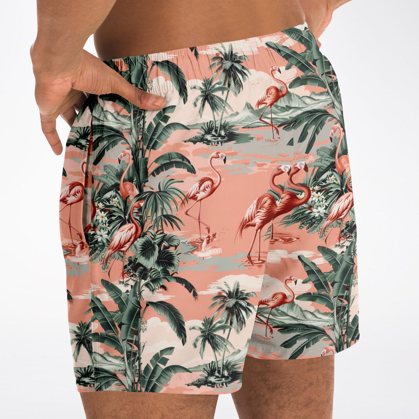 Pink Flamingo Men Swim Trunks, Green Palm Tree Shorts Beach Surf Swimwear Male Back Pockets Mesh Lining Drawstring Bathing Suit Board