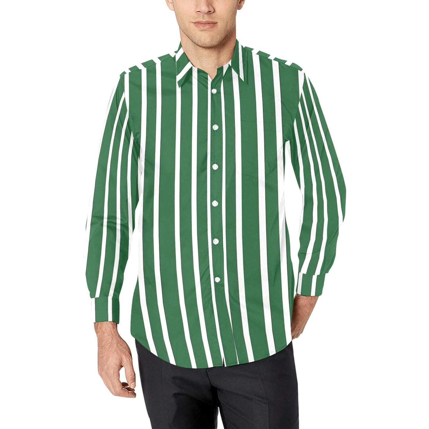 Green White Striped Men Button Up Shirt, Vertical Stripes Long Sleeve Buttoned Down Collar Male Guys Casual Dress Chest Pocket