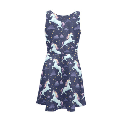 Unicorn Floral Midi Girls Dress, Magical Kids Sleeveless Sundress Casual Cute Designer Children Elegant Cocktail Party Summer Designer