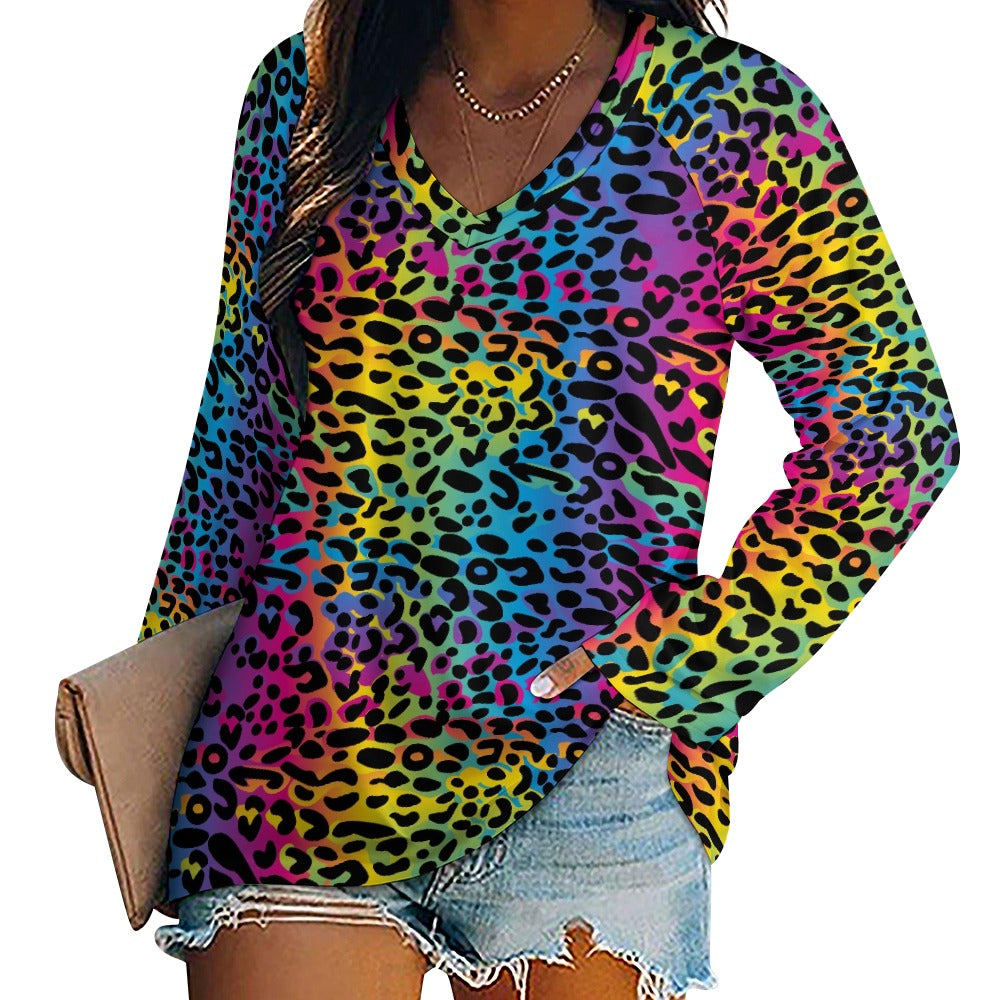 Rainbow Leopard Women Long Sleeve Tshirt loose fit, Animal Print Vibrant Relaxed V-neck Designer Aesthetic Ladies Female Tee Top Shirt - Starcove Fashion