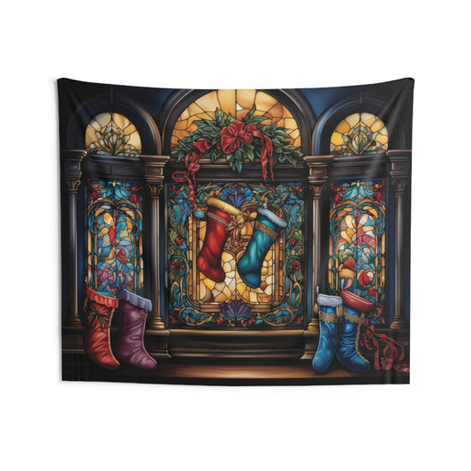 Christmas Stockings Tapestry, Stained Glass Xmas Wall Art Landscape Hanging Cool Unique Aesthetic Large Small Decor Bedroom College