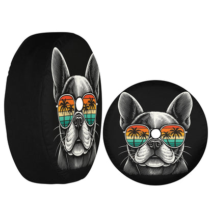 French Bulldog Dog Spare Tire Cover, Sunglasses Palm Tree Beach Puppy Backup Camera Hole Wheel Unique RV Back Cars Men Women Trailer Campers