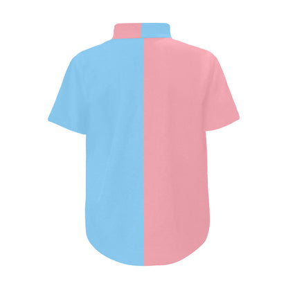 Half Pink Half Baby Blue Boys Button Up Shirt, Color Block Split Two Tone Combo Print Kids Dress Buttoned Collar Chest Pocket Short Sleeve 5XS