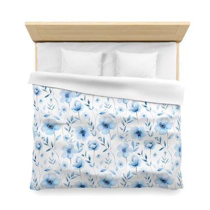 Blue Floral Duvet Cover, Wild Flowers Watercolor Bedding Queen King Full Twin XL Microfiber Unique Designer Bed Quilt Bedroom Decor