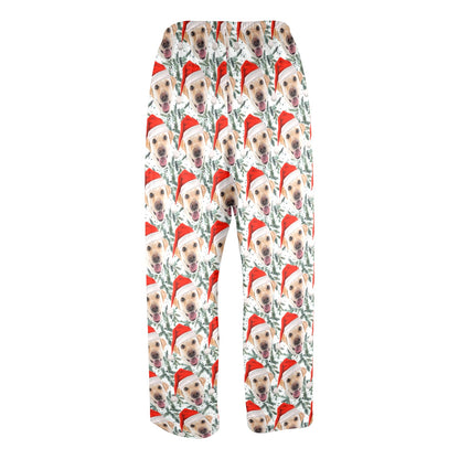 Custom Dog Men Pajamas Pants, Santa Hat Christmas Holidays Personalized PJ Pet Cat Funny Pockets Trousers Guys Family Matching Trousers