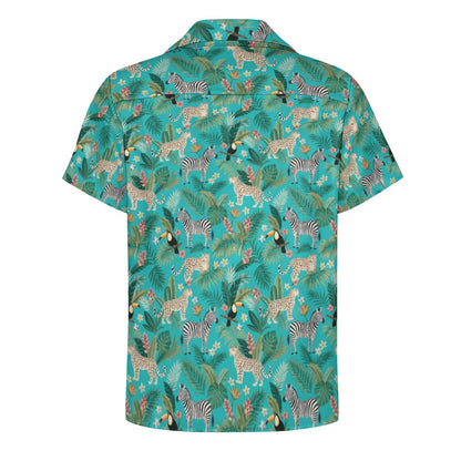 Animal Print Men Button Up Shirt, Leopard Teal Jungle Short Sleeve Print Casual Buttoned Down Summer Male Guys Collared Designer Dress