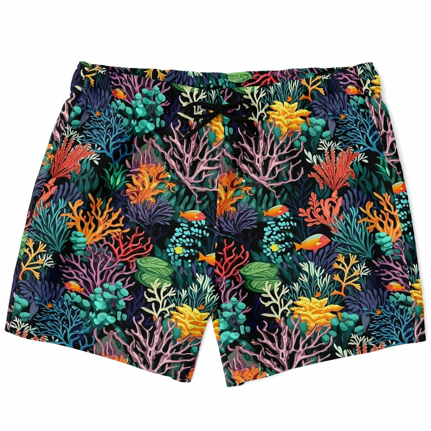 Coral Reef Men Swim Trunks, Sea Ocean Tropical Mid Length Shorts Beach Surf Swimwear Front Pockets Mesh Lining Drawstring Bathing Suit Starcove Fashion