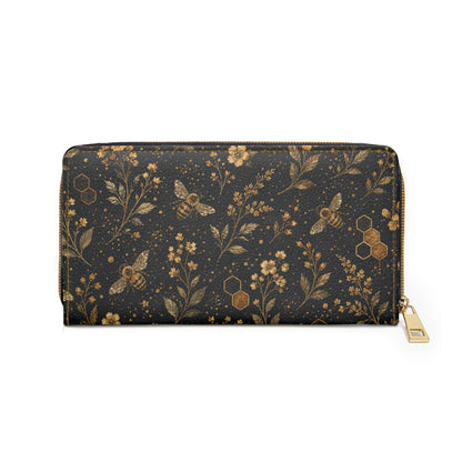 Bee Floral Leather Wallet Women, Honeycomb Flowers Vegan Zipper Zip Around Coins Credit Cards Pocket Cash Ladies Female Pouch Slim Purse