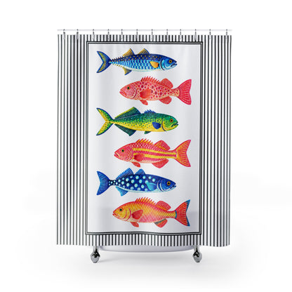 Coastal Fish Shower Curtain, Colorful Marine Life Black White Stripes Nautical Bathroom Decor Beach House Ocean Housewarming Gift 71" x 74"