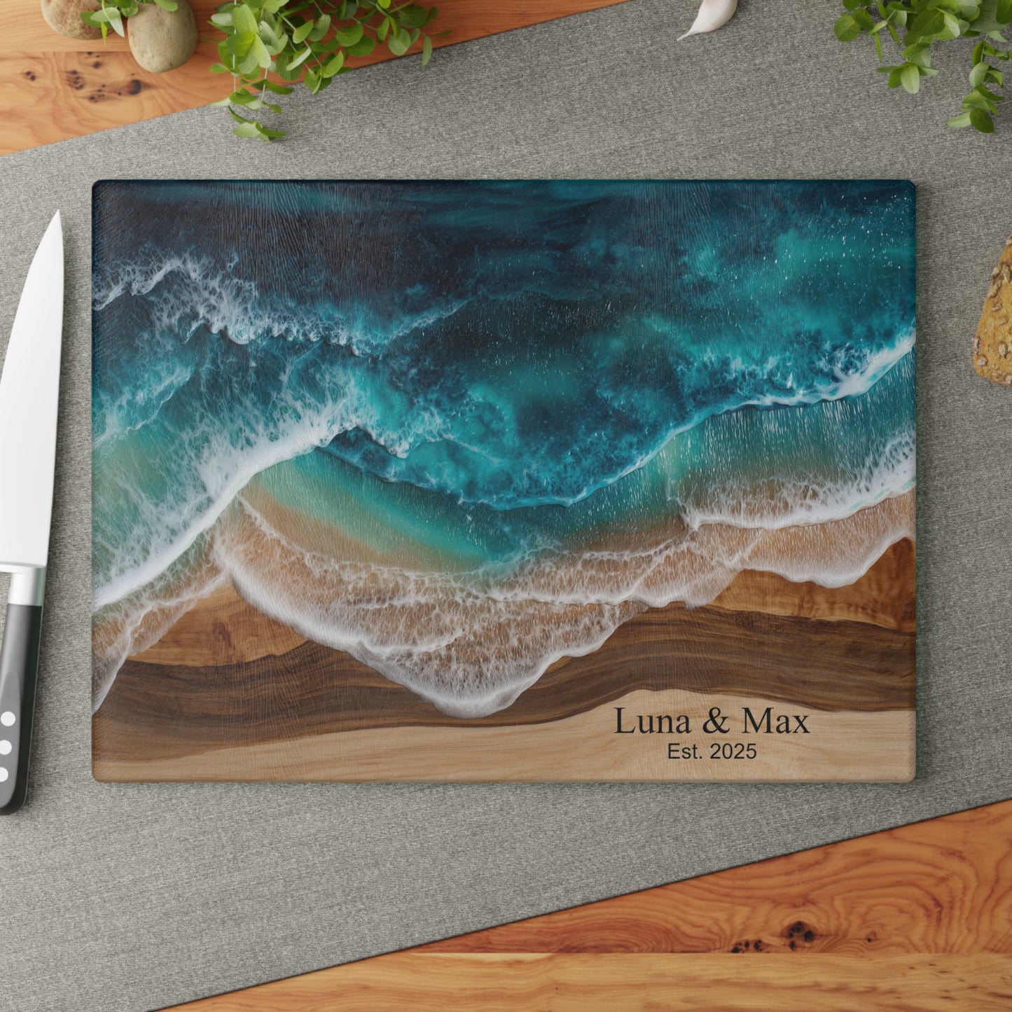 Personalized Glass Cutting Board, Custom Anniversary Coastal Wood Epoxy Charcuterie Chopping Tempered Small Large Kitchen Ocean Couples