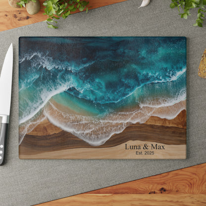 Personalized Glass Cutting Board, Custom Anniversary Coastal Wood Epoxy Charcuterie Chopping Tempered Small Large Kitchen Ocean Couples