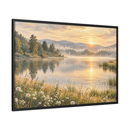 Misty Meadow Lake Wood Framed Canvas, Wildflower Farmhouse Wall Art Print Artwork Decor Small Large Hanging Matte Landscape Square Poster