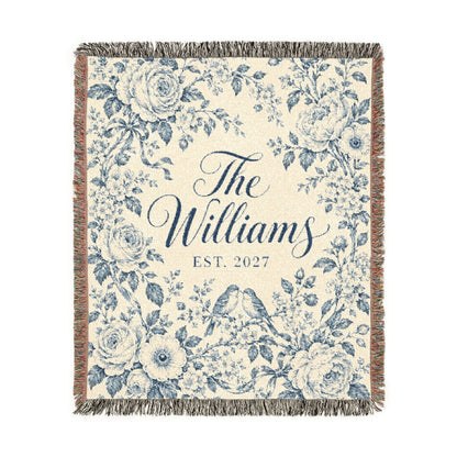 Custom Couples Blanket Throw Blanket Tapestry, Personalized Wedding Bridal Bride Anniversary Family Cotton Blue Toile Small Large Hanging