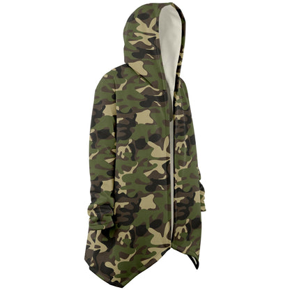 Green Camo Hooded Cloak, Camouflage Men Women Male Ladies Modern Winter Warm Mink Blanket Festival Rave Wearable Cape with Pockets