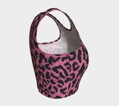 Pink Leopard Workout Crop Top, Animal Print Sparkly Glitter Women Cute Moisture Wicking Exercise Gym Athletic Festival Cropped Shirt