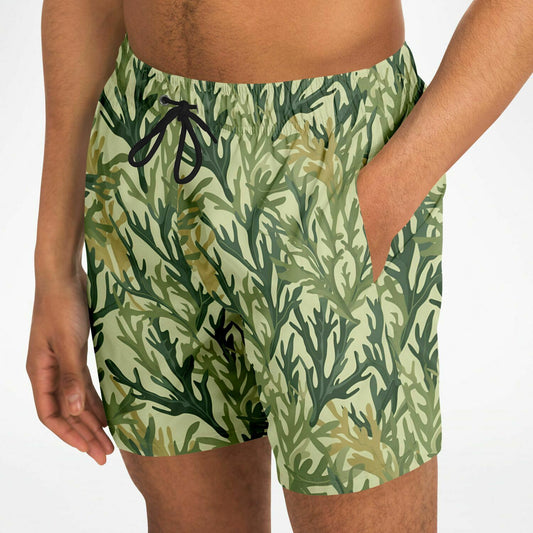 Seaweed Green Men Swim Trunks, Olive Mid Length Shorts Beach Surf Swimwear Male Pockets Mesh Lining Drawstring Bathing Suit Summer - Starcove Fashion