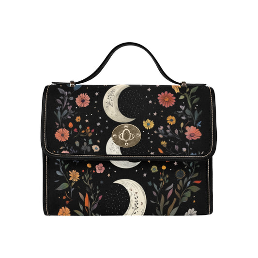 Moon Phases Floral Canvas Satchel Bag, Celestial Flowers Cottagecore Waterproof Black Cute Women Crossbody Purse Vegan Leather Strap Handbag