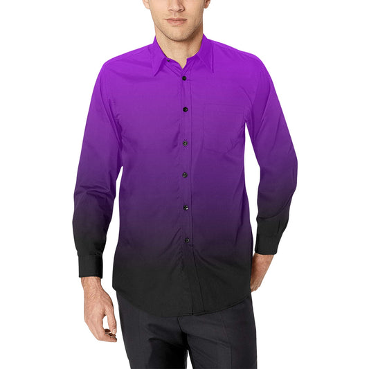 Black Purple Ombre Long Sleeve Men Button Up Shirt, Gradient Tie Dye Two Tone Print Buttoned Collar Casual Dress Chest Pocket Plus Size
