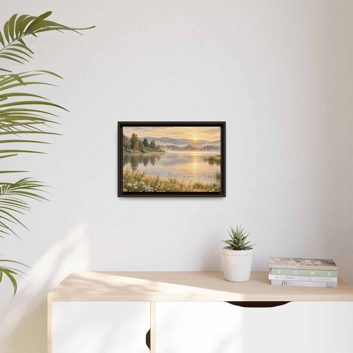 Misty Meadow Lake Wood Framed Canvas, Wildflower Farmhouse Wall Art Print Artwork Decor Small Large Hanging Matte Landscape Square Poster
