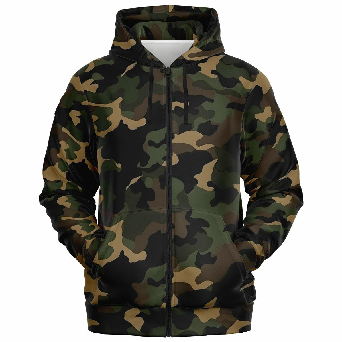 Brown Green Camo Zip Up Hoodie, Black Camouflage Full Zipper Pocket Men Women Unisex Adult Aesthetic Cotton Fleece Hooded Sweatshirt