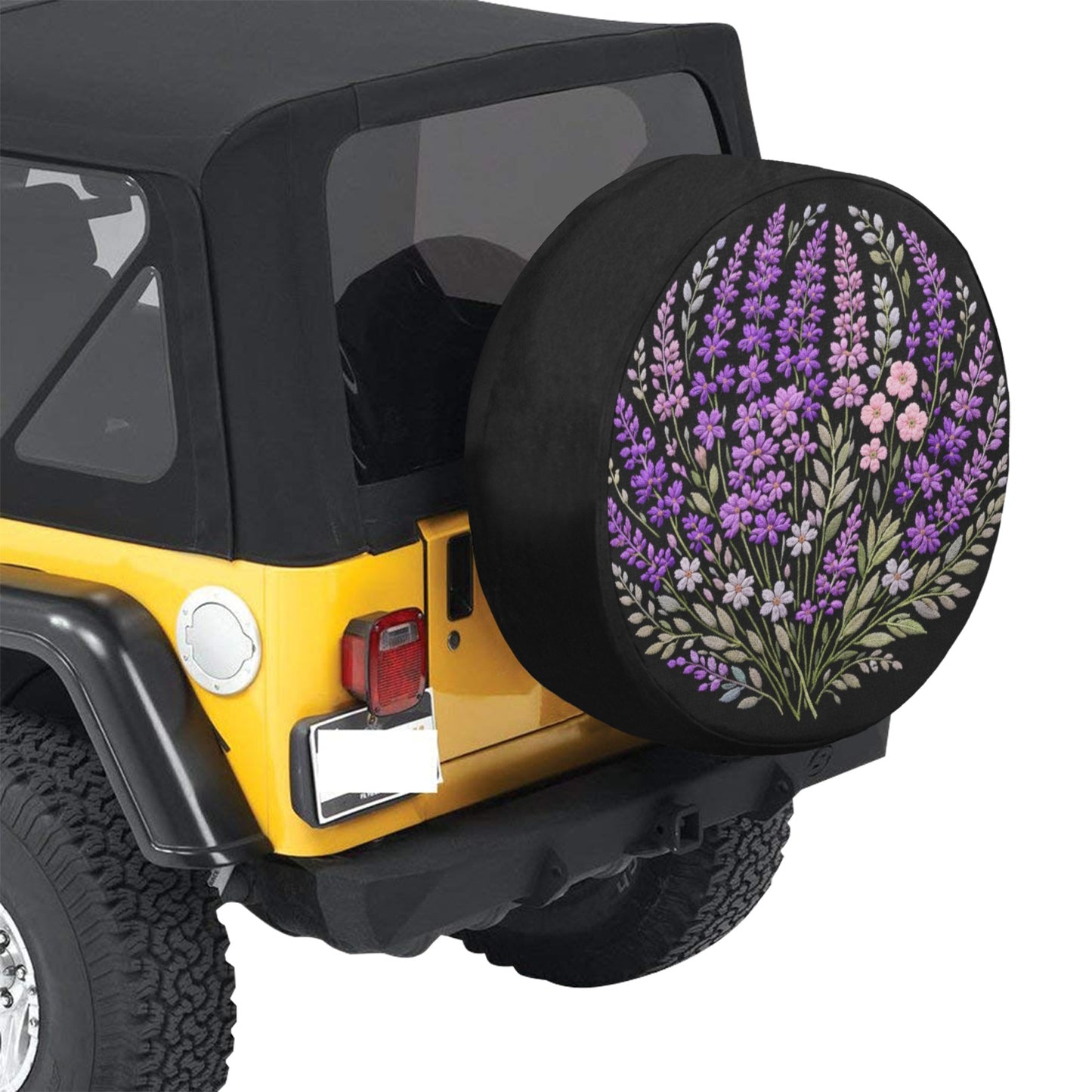 Purple Flowers Spare Tire Cover, Lavender Lilac Floral Faux Embroidery Print Floral Wheel Auto Car Backup Camera Hole Trailer Back Women RV - Starcove Fashion