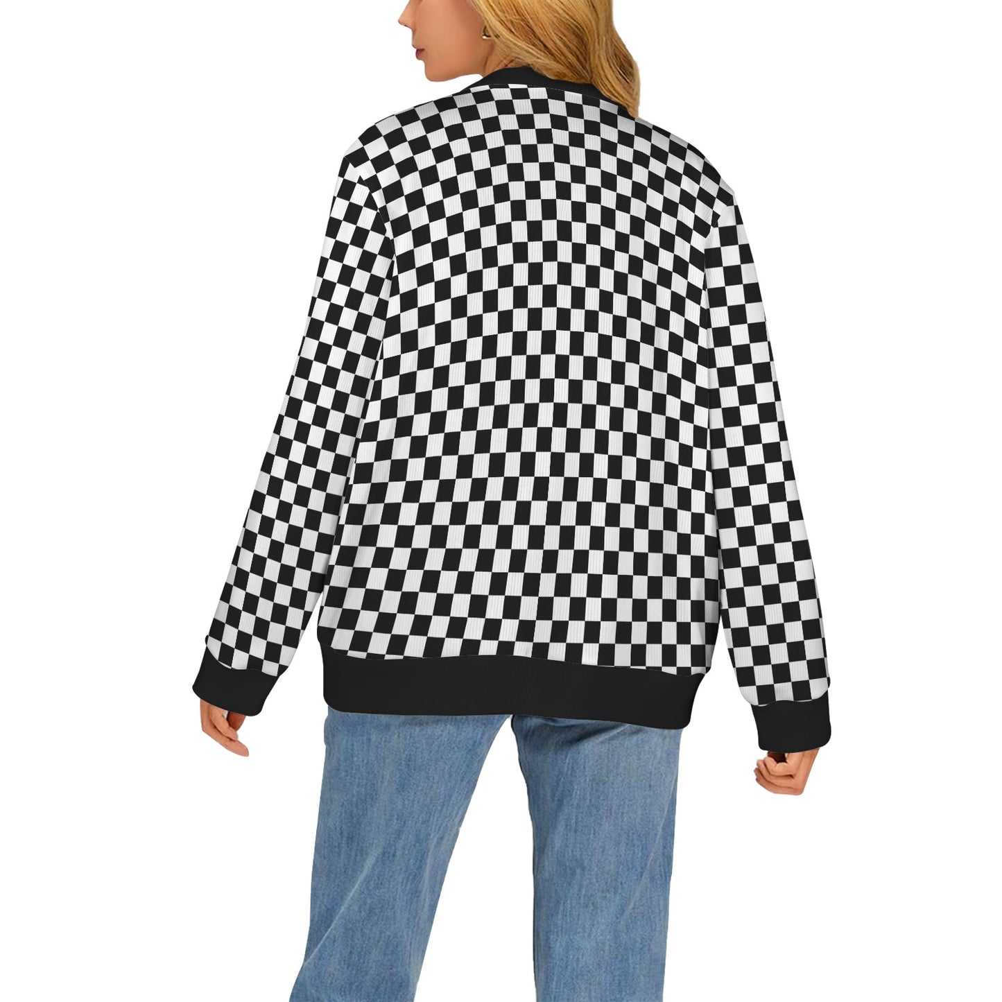 Checkered Cardigan Women, Black white Check Checkerboard Sweatshirt Sweater Long Sleeve Plus Size V Neck Lightweight Button Up Designer