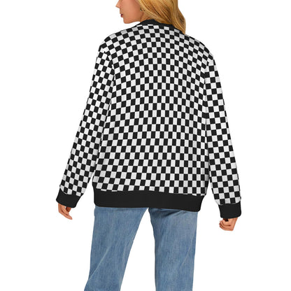 Checkered Cardigan Women, Black white Check Checkerboard Sweatshirt Sweater Long Sleeve Plus Size V Neck Lightweight Button Up Designer
