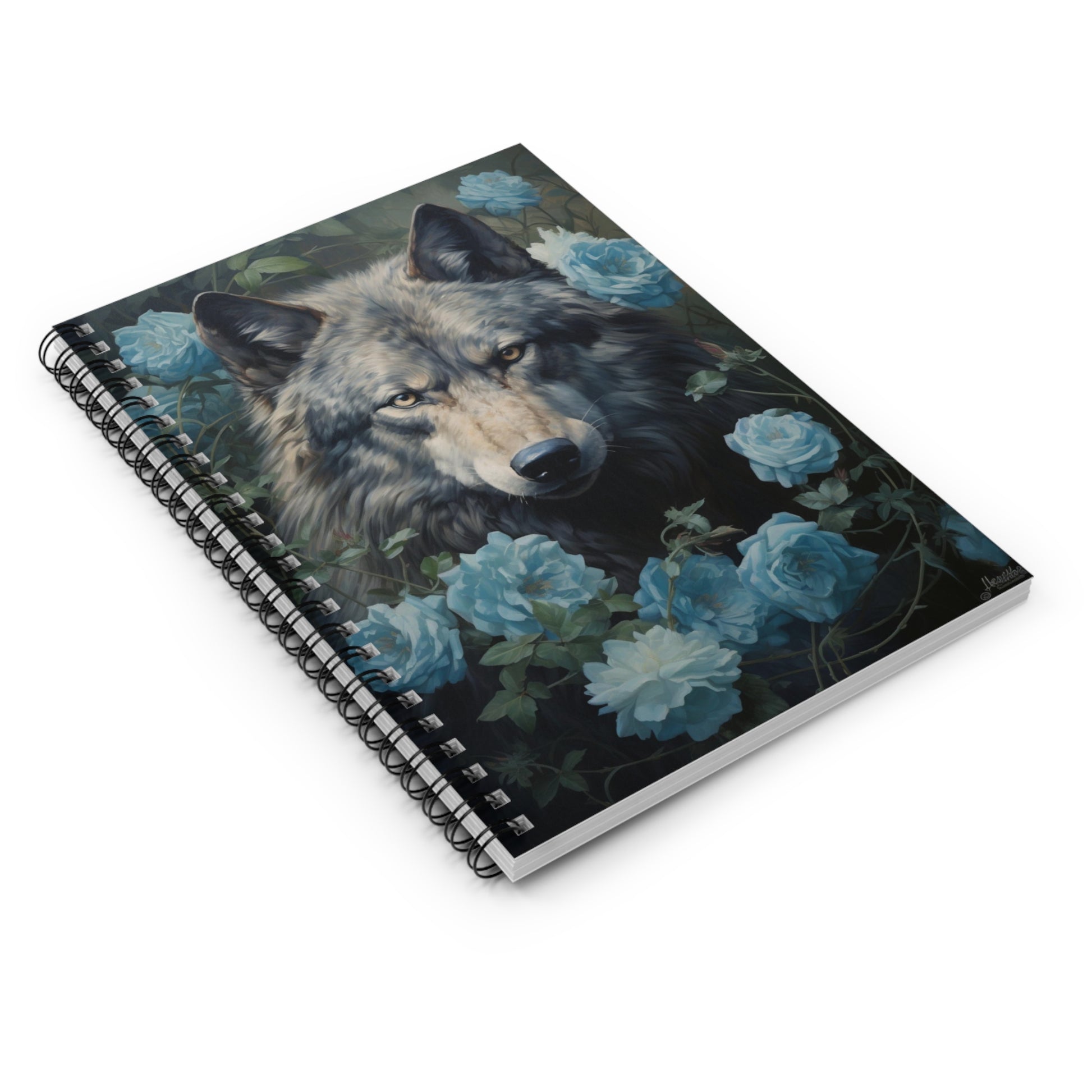 Wolf Blue Roses Spiral Bound Notebook, Goth Travel Pattern Design Small Journal Notepad Ruled Line Book Paper Pad Work Aesthetic Starcove Fashion