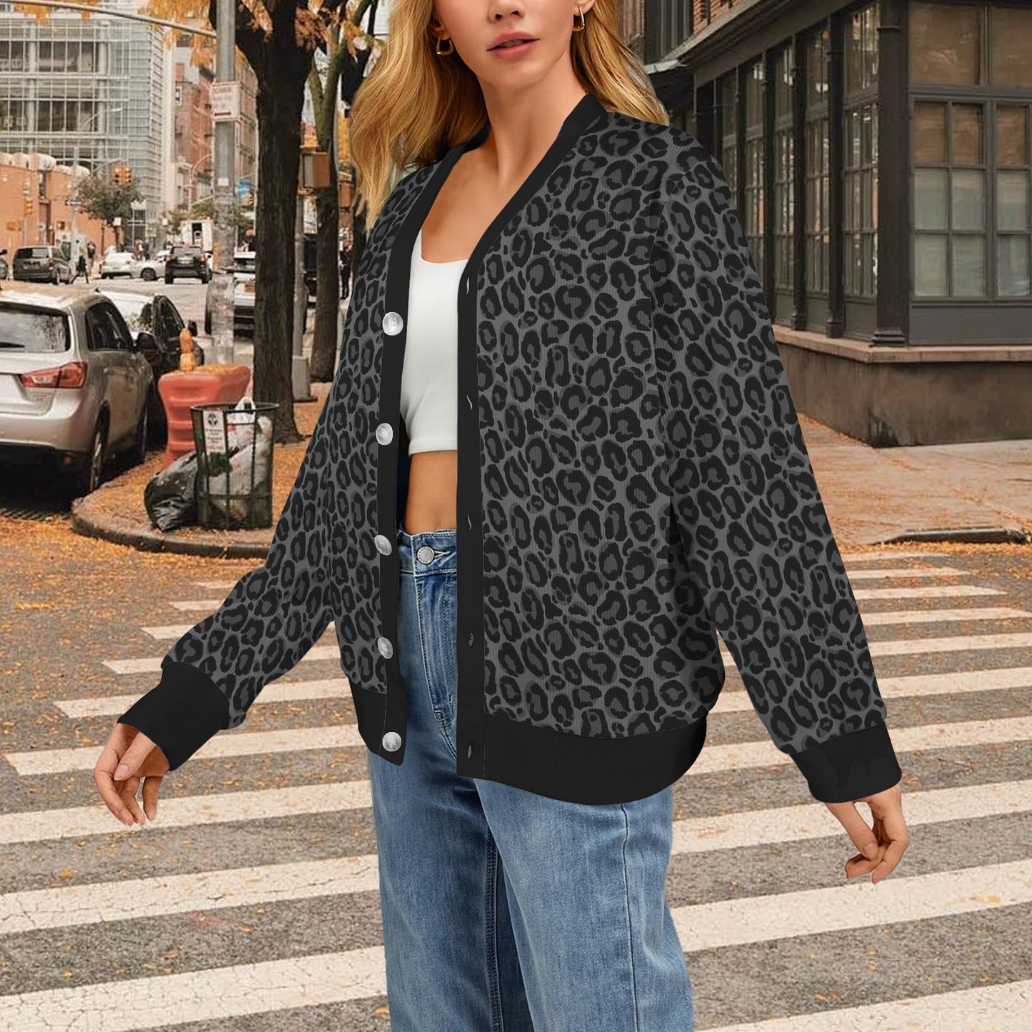 Black Leopard Cardigan Women, Grey Animal Print Cheetah Sweatshirt Sweater Long Sleeve Plus Size V Neck Lightweight Button Up Designer