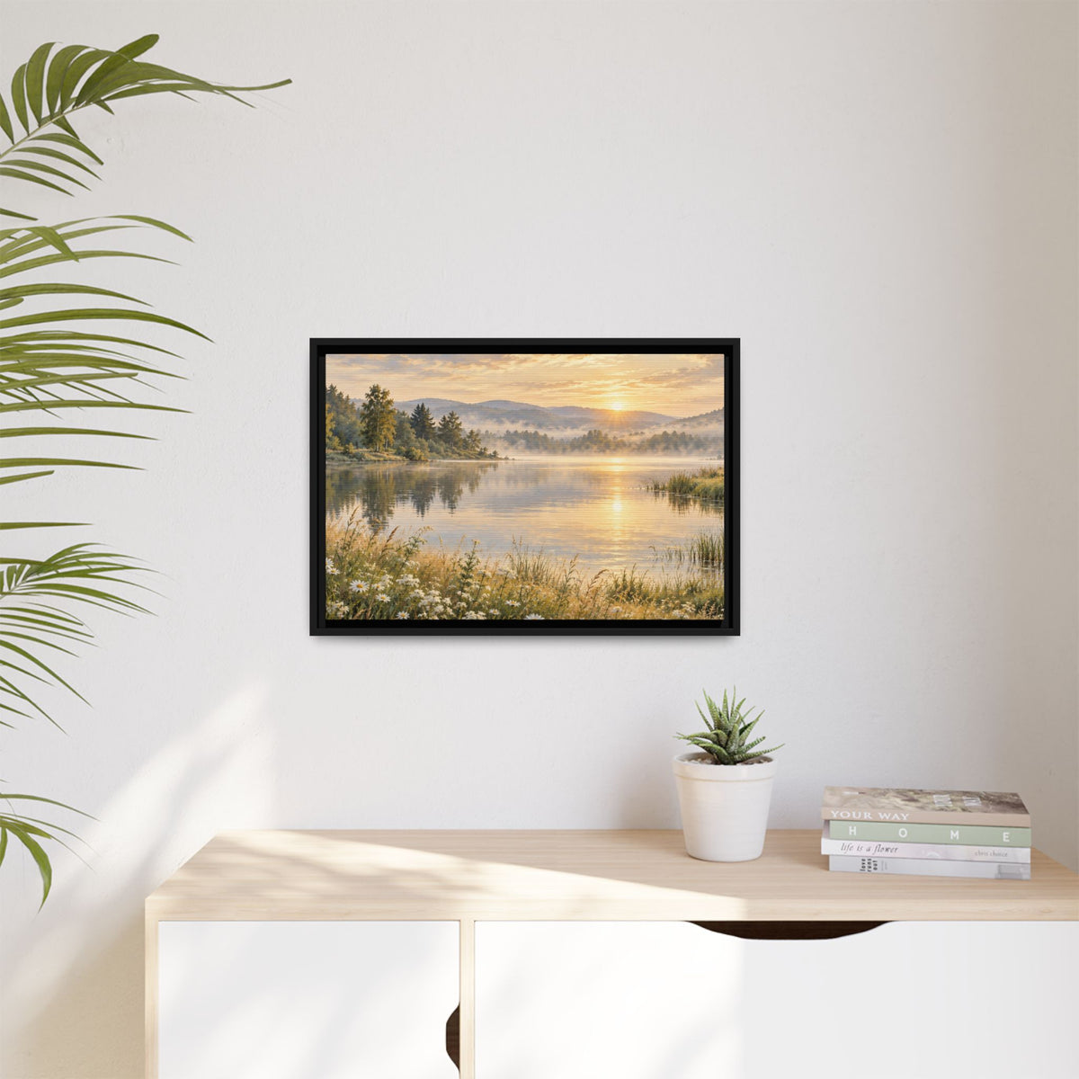 Misty Meadow Lake Wood Framed Canvas, Wildflower Farmhouse Wall Art Print Artwork Decor Small Large Hanging Matte Landscape Square Poster