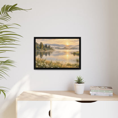 Misty Meadow Lake Wood Framed Canvas, Wildflower Farmhouse Wall Art Print Artwork Decor Small Large Hanging Matte Landscape Square Poster