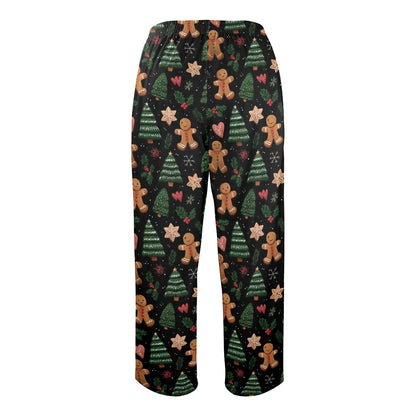 Gingerbread man Christmas Men Pajamas Pants, Black Green Festive Trees Xmas PJ Pockets Sleep Lounge Trousers Guys Male Sleepwear Bottoms