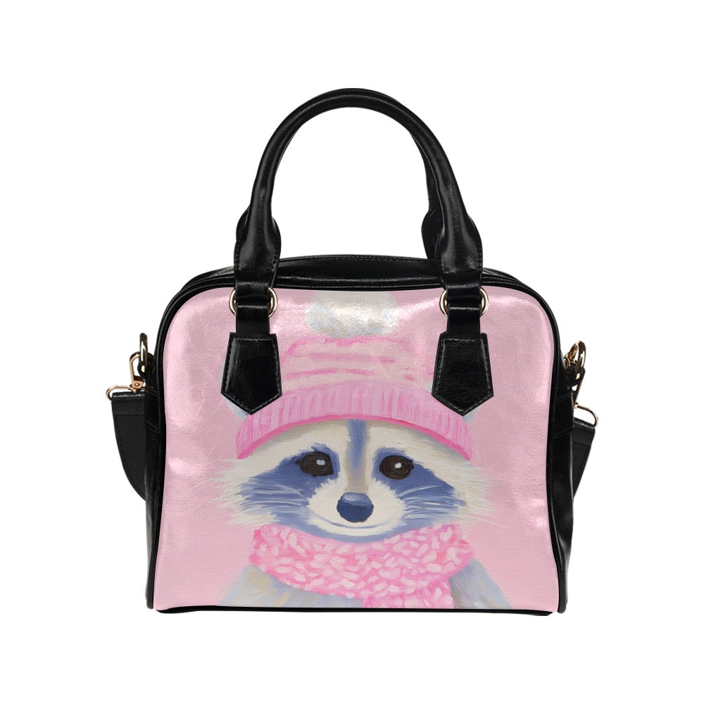 Pink Raccoon Purse, Cute Animal Print Small Shoulder Black Vegan Leather Women Ladies Designer Zipper Strap Handbag Crossbody Bag