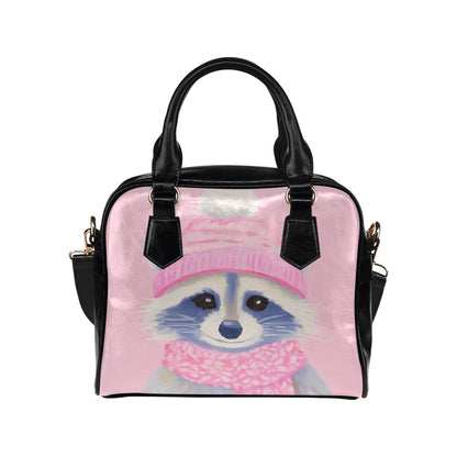 Pink Raccoon Purse, Cute Animal Print Small Shoulder Black Vegan Leather Women Ladies Designer Zipper Strap Handbag Crossbody Bag