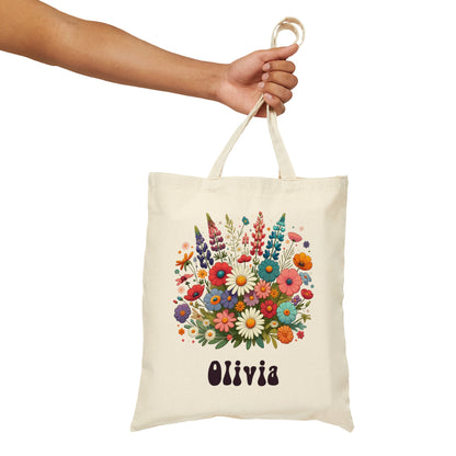 Custom Name Floral Tote bag, Wild Flowers Cotton Canvas Personalized Gift Bridesmaids Shopper Women Eco Friendly Cute Shopping