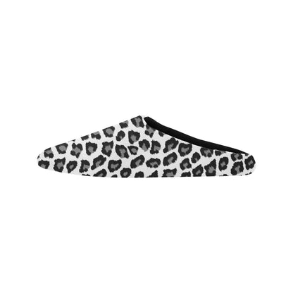Snow Leopard Women's Slippers, White Black Animal Print Ladies House Slide Handmade Bedroom Warm Winter Cozy Designer Slip On Cotton Shoes