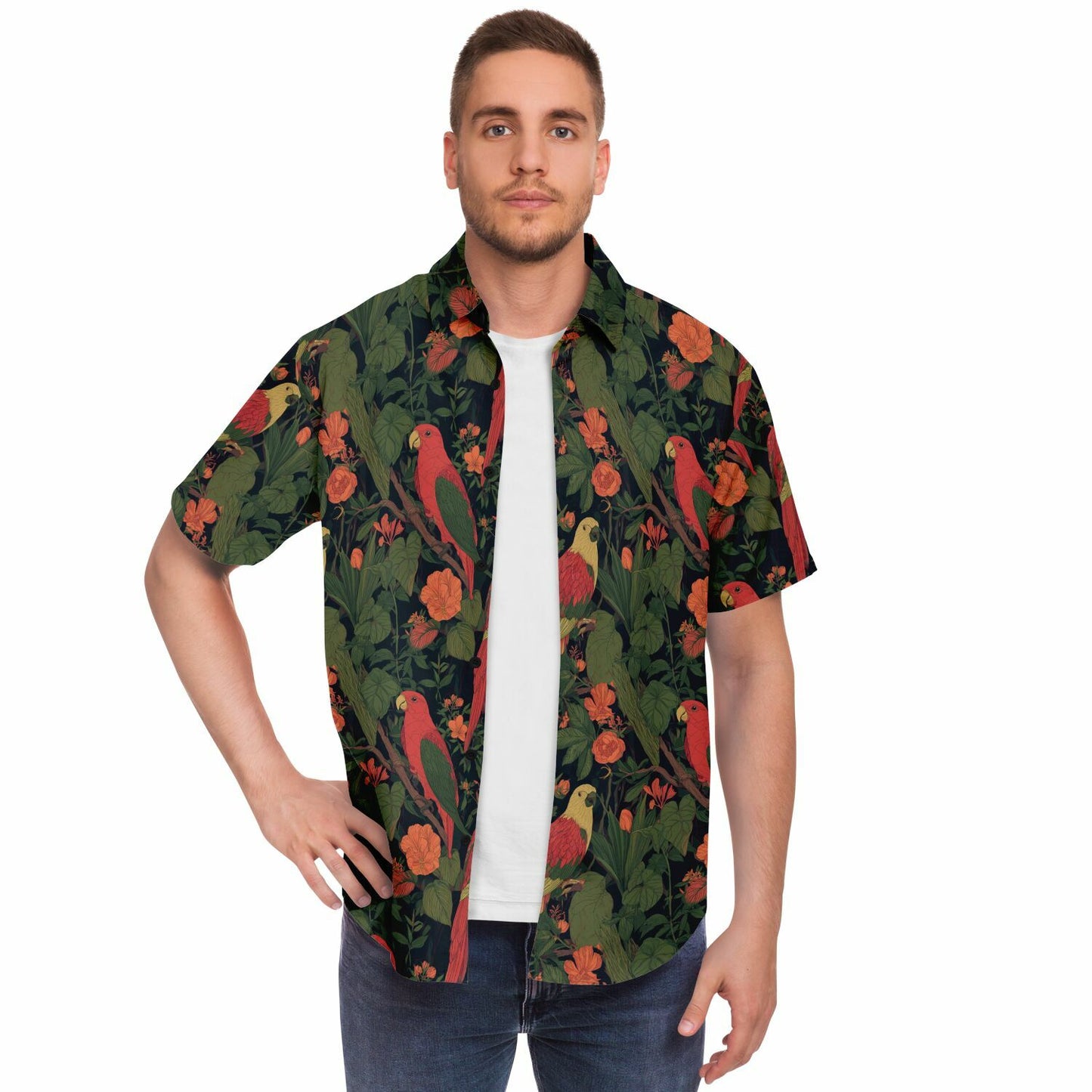 Parrot Men Button Up Shirt, Tropical Bird Plants Green Short Sleeve Print Casual Buttoned Down Summer Male Guys Collared Designer Dress