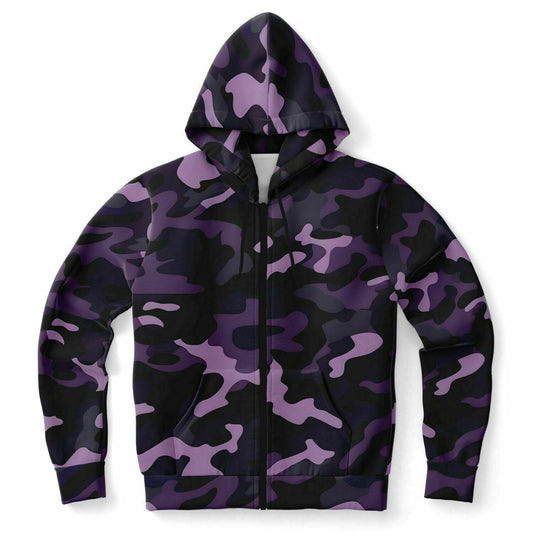 Black and Purple Camo Zip Up Hoodie, Camouflage Zipper Pocket Men Women Unisex Adult Aesthetic Cotton Fleece Hooded Sweatshirt Starcove Fashion
