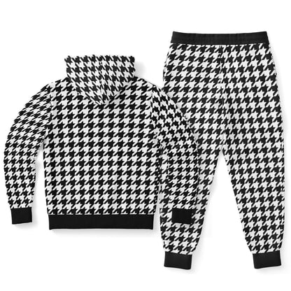 Houndstooth Hoodie Jogger Sweatsuit Set, Black White Lounge Hooded Sweatshirt Sweatpants Women Men Cotton Matching Plus Size Sweats