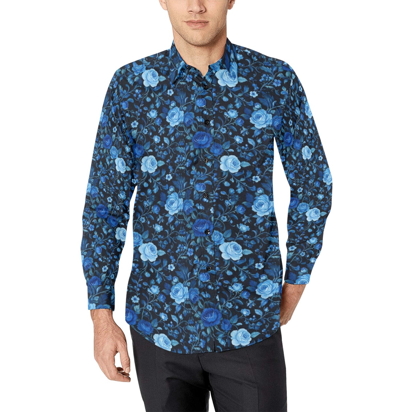 Black Blue Floral Long Sleeve Men Button Up Shirt, Rose Flowers Print Casual Buttoned Collared Designer Dress Shirt Chest Pocket Male