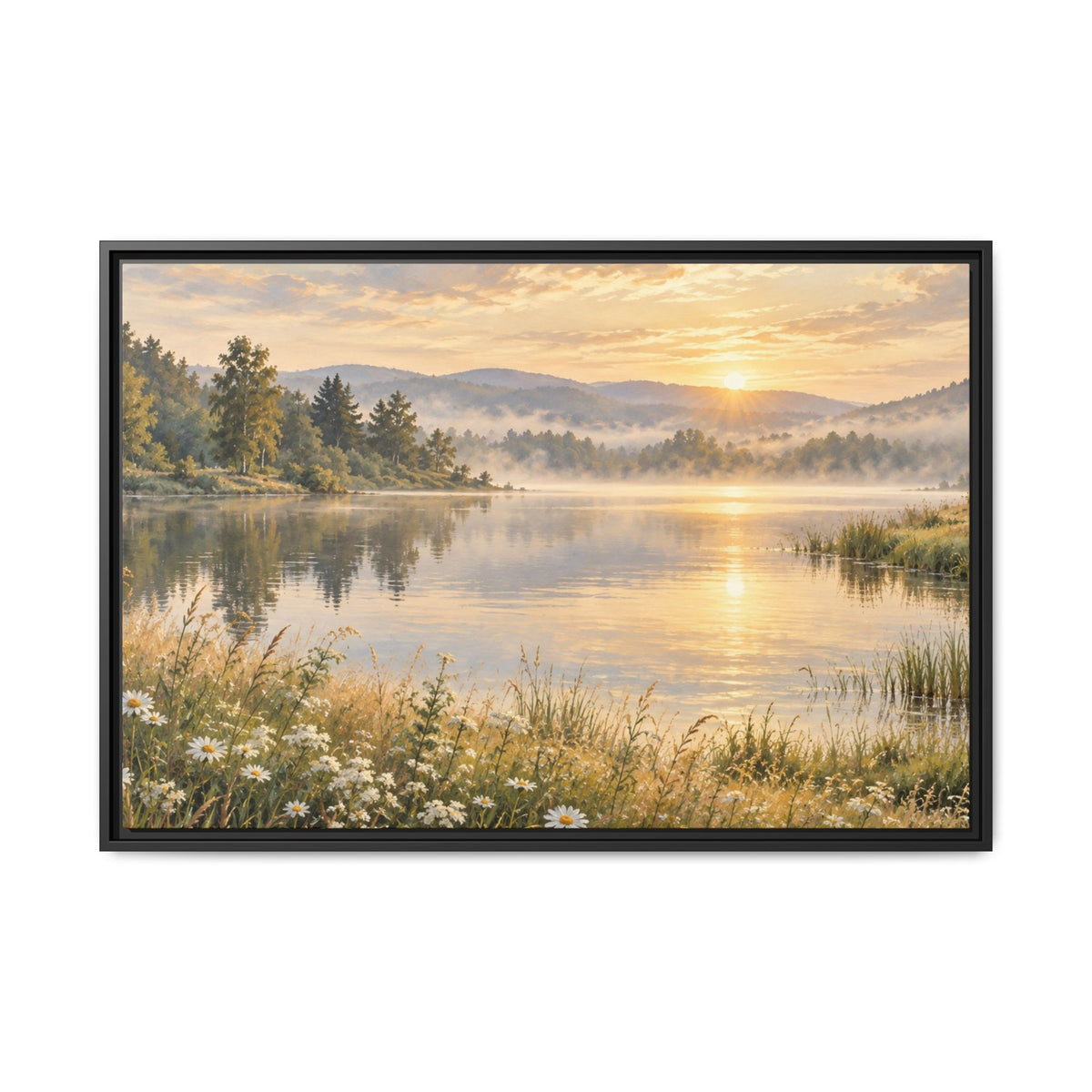 Misty Meadow Lake Wood Framed Canvas, Wildflower Farmhouse Wall Art Print Artwork Decor Small Large Hanging Matte Landscape Square Poster