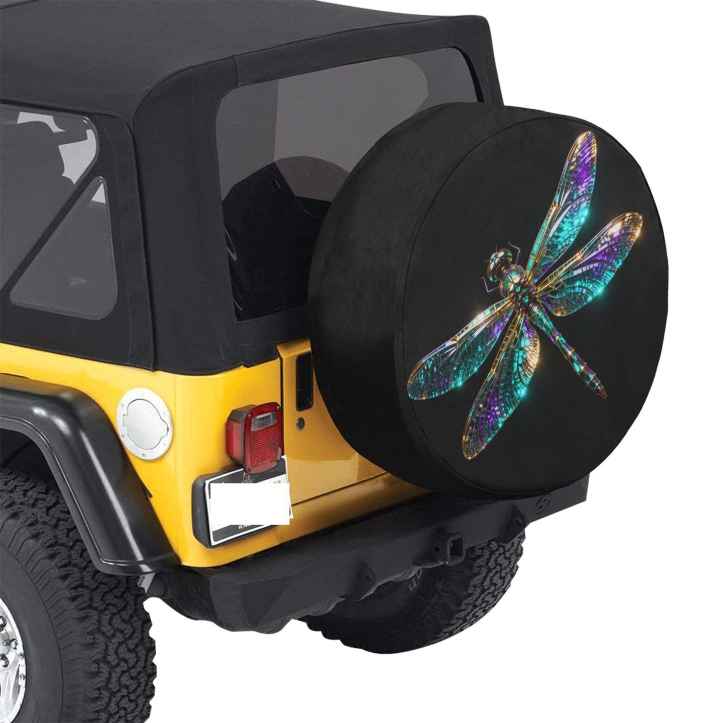 Dragonfly Spare Tire Cover, Insect Blue Purple Black Wheel Auto Back Up Camera Hole Rear Unique Design Motorhome Extra RV Trailer Camper