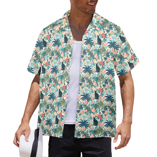 Black Cat Hawaiian Men Shirt, Palm Trees Hibiscus Floral Beach Print Vintage Aloha Hawaii Retro Tropical Plus Size Pocket Guys Button Down