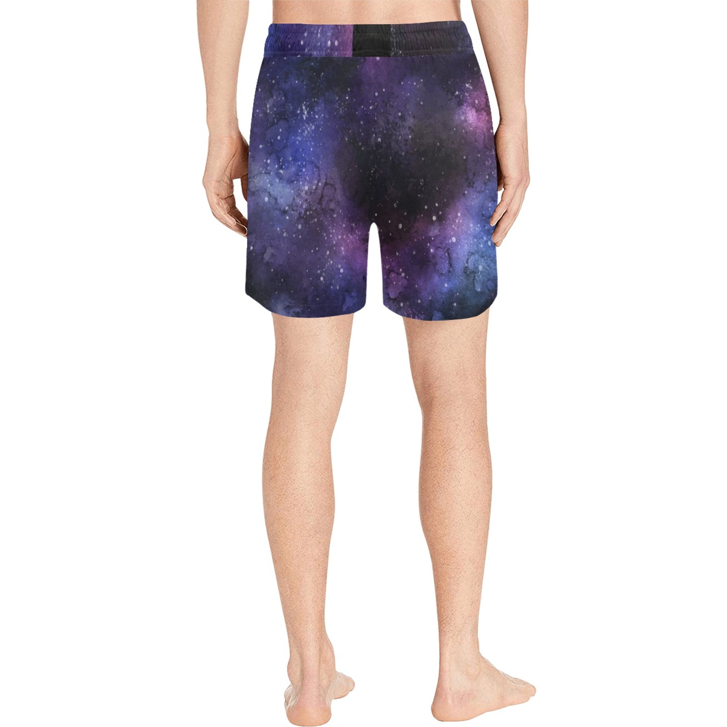 Galaxy Space Men Mid Length Shorts, Universe Purple Stars Beach Swim Trunks with Pockets & Mesh Drawstring Boys Casual Bathing Suit Summer