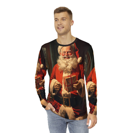 Men's Christmas Long Sleeve T Shirts, Santa Claus Ugly Xmas Silly Unisex Guys Women Vintage Graphic Printed Crew Neck Tee