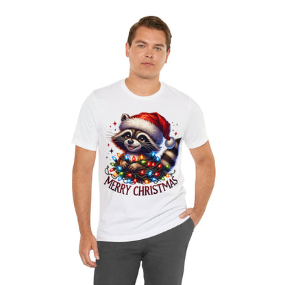 Raccoon Christmas TShirt, Xmas Funny Animal with Santa Hat Christmas Lights Shirt Merry Christmas Tee Happy Holidays Men Women Family