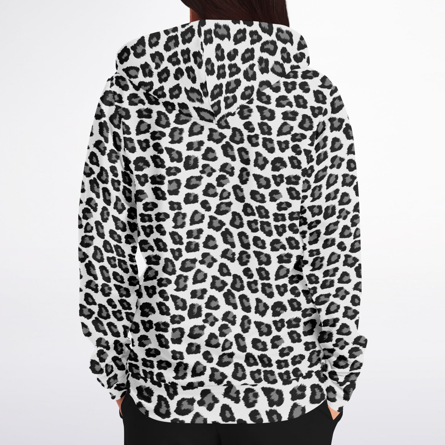 Snow Leopard Zip Up Hoodie, Black White Animal Print Full Zipper Pocke