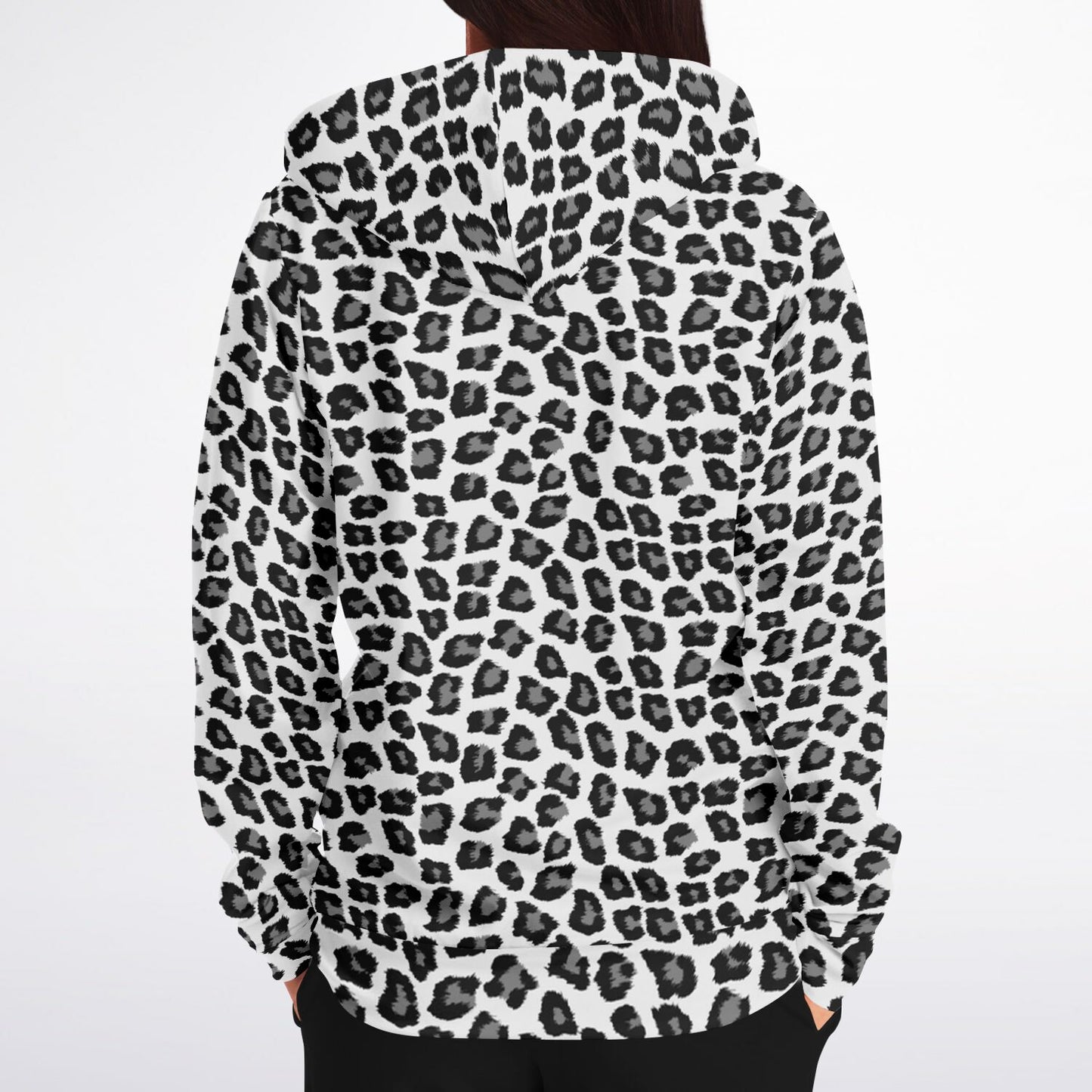 Snow Leopard Zip Up Hoodie, Black White Animal Print Full Zipper Pocket Men Women Unisex Adult Graphic Cotton Fleece Hooded Sweatshirt