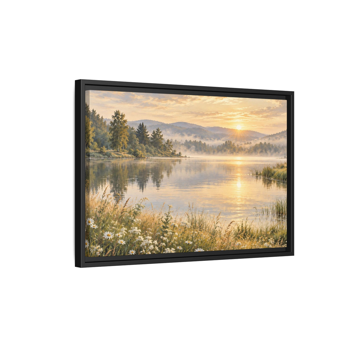 Misty Meadow Lake Wood Framed Canvas, Wildflower Farmhouse Wall Art Print Artwork Decor Small Large Hanging Matte Landscape Square Poster
